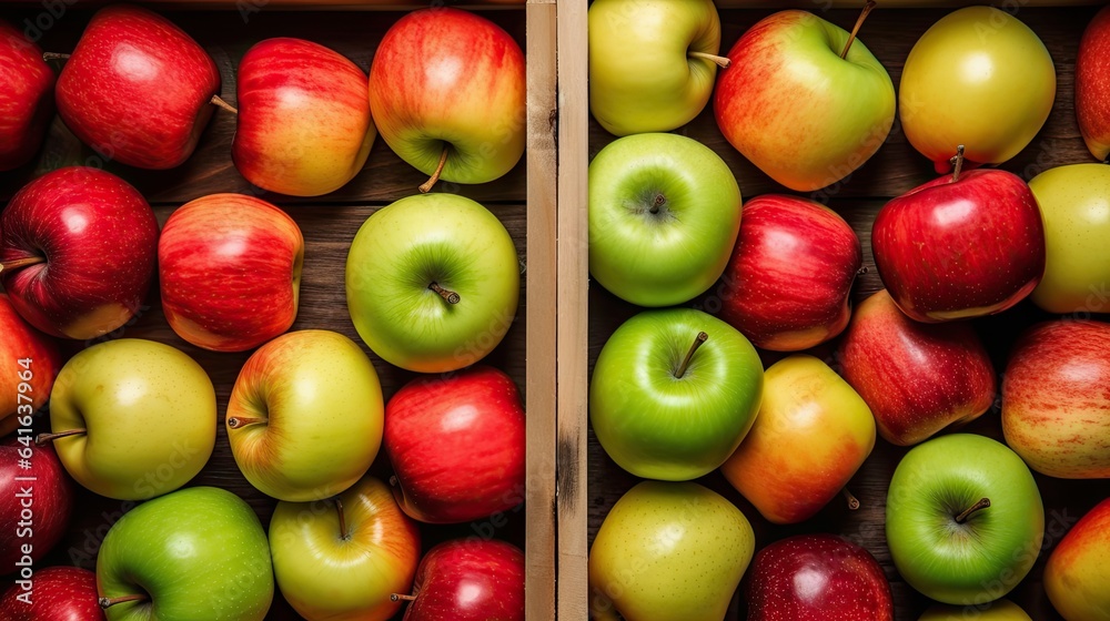 background of fresh red and green apples on wooden table, top view background of fresh red and green apples on wooden table, top view