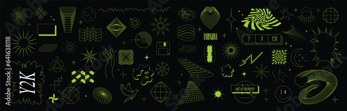Rave Y2K psychedelic retro futuristic set. Surreal geometric shapes, abstract patterns, wireframe, cyberpunk elements and perspective grids. Brutalism.