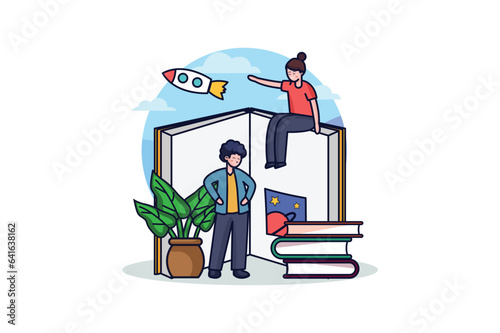 Dreamy reading concept with people scene in the flat cartoon style. Mesmerizing depiction of dreamy reading in a flat illustration, rich in creative design and visual appeal. Vector illustration.