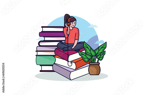 Audiobook concept with people scene in the flat cartoon style. The girl listens to her favorite audio books in headphones and has the opportunity to rest. Vector illustration.
