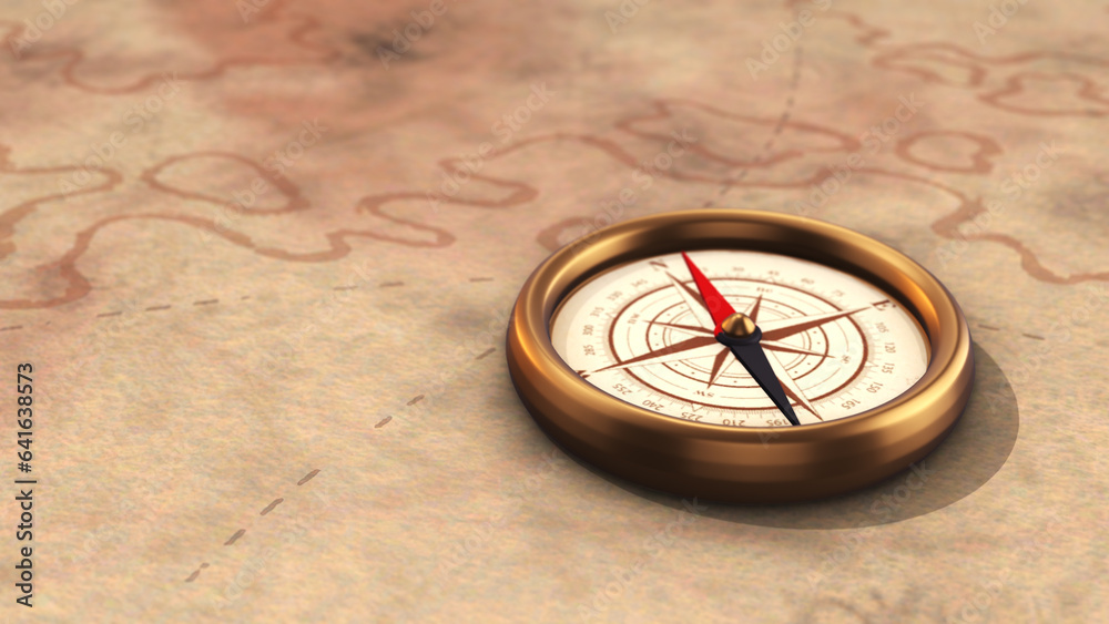 Vintage style compass needle spinning on old map