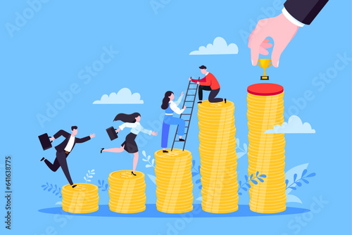 Business mentor helps improve career and money stacks growing. He holds stairs steps vector illustration. Mentorship, upskills, climb help self development strategy flat style design business concept.