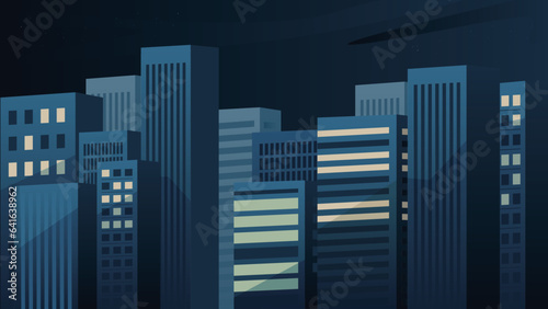 Landscape illustration of skyscrapers at night.