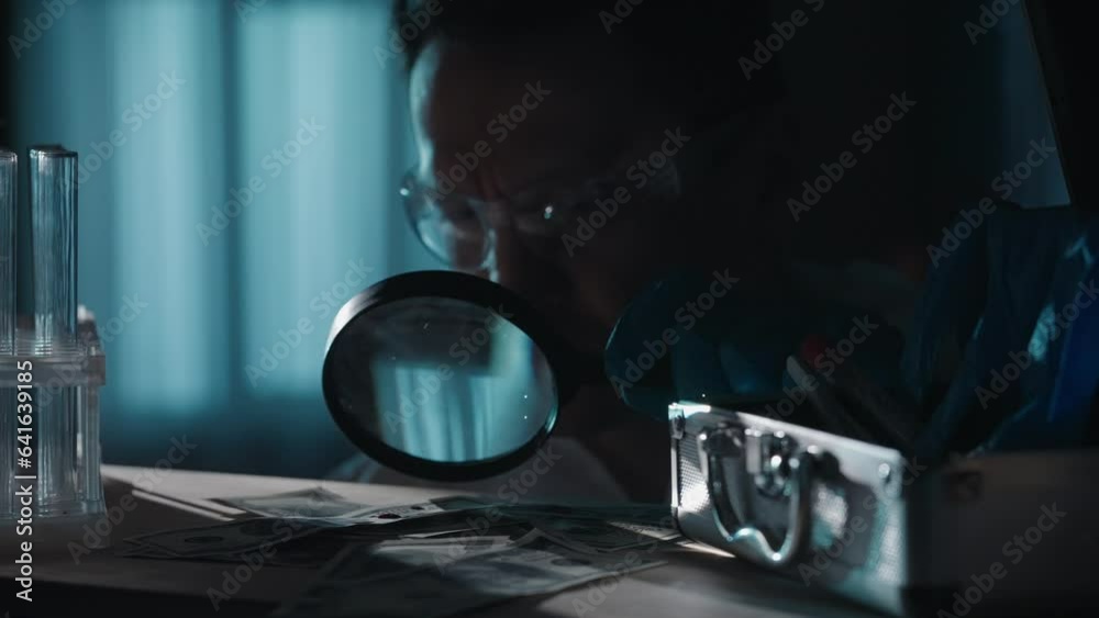 A forensic investigator using a magnifying glass examines dollar bills with drops of blood. A man takes a blood sample from a banknote and applies it to a slide.