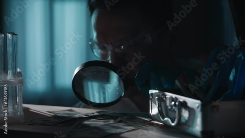 A forensic investigator using a magnifying glass examines dollar bills with drops of blood. A man takes a blood sample from a banknote and applies it to a slide.