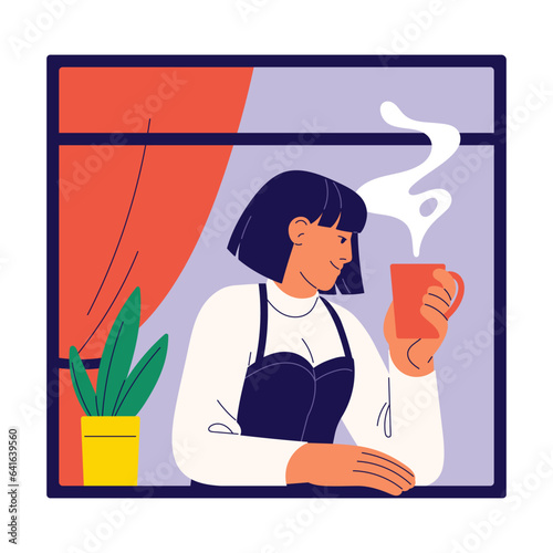 Young woman drink hot coffee in window. Happy girl alone rest at home with cup of tea, indoor. Lonely female person in apartment spend morning, people relax in apartment. Flat vector illustration