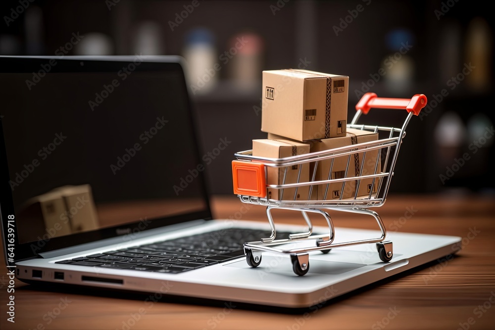 Product package boxes in cart with a shopping bag and laptop computer, Generative AI