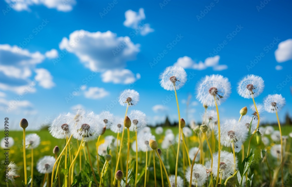 Against a vibrant blue sky with fluffy white clouds, a field of dandelions stands tall. Against a vibrant blue sky with fluffy white clouds, a field of dandelions stands tall.