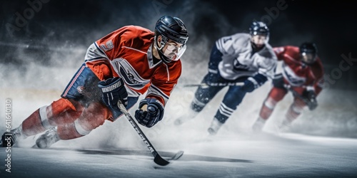 players engaged in an intense game of ice hockey. Created with generative AI technology. photo