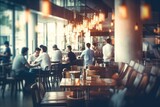 blurred restaurant background with some people eating and chefs and waiters working, Generative AI