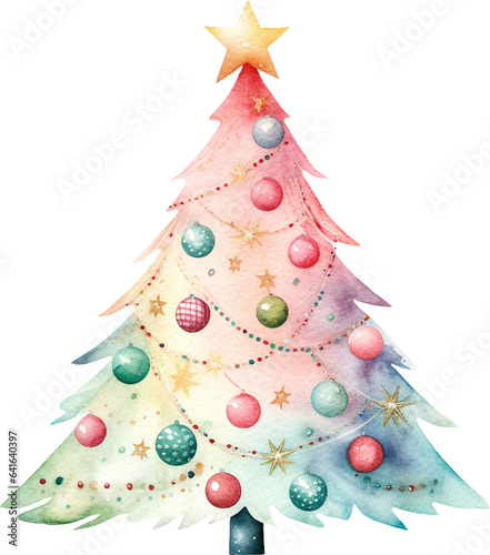 Whimsical Christmas tree watercolour illustration created with Generative AI technology