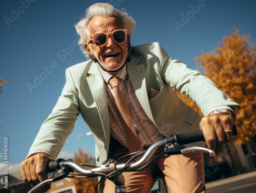 old man riding a bike in a city