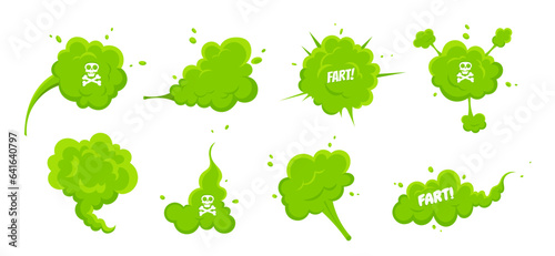 Smelling green cartoon smoke or fart clouds flat style design vector illustration set. Bad stink or toxic aroma cartoon smoke cloud isolated on white background.