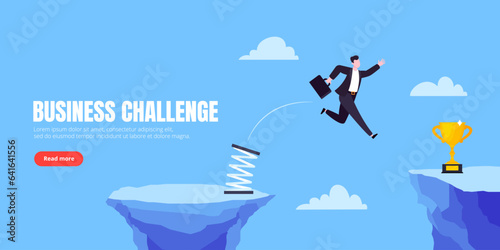 Businessman jumps over the abyss across the cliff flat style design vector illustration. Business concept of fearless businessman with huge courage. Risk, goal achievement, work obstacles and success.