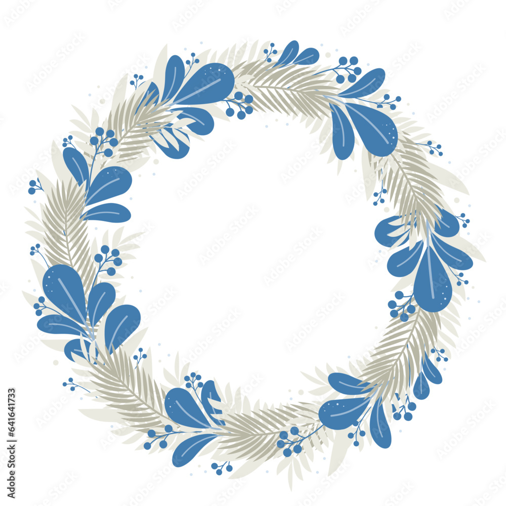 Round frame wreath of fir branches and blue leaves for Christmas ...