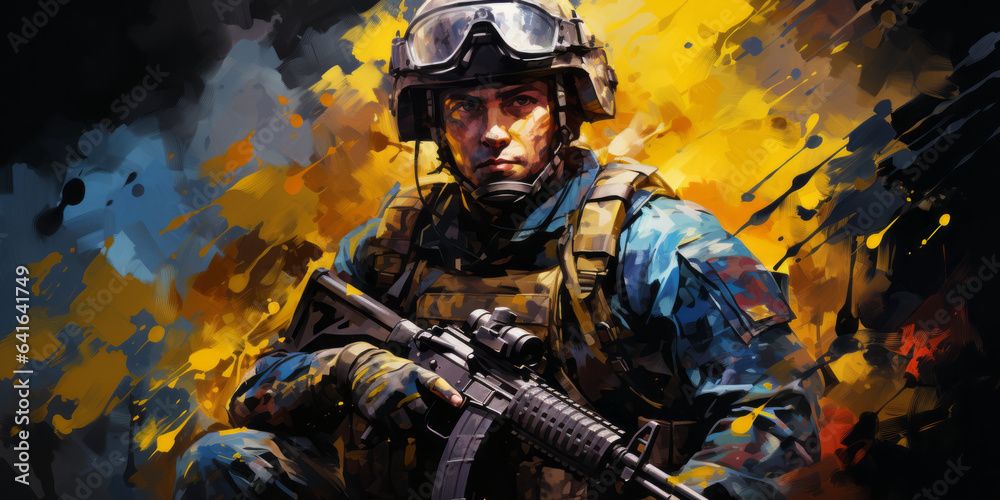 Naklejka premium illustration of elite modern Ukrainian patriot soldier. Cutting-Edge Technology, Defense, Security