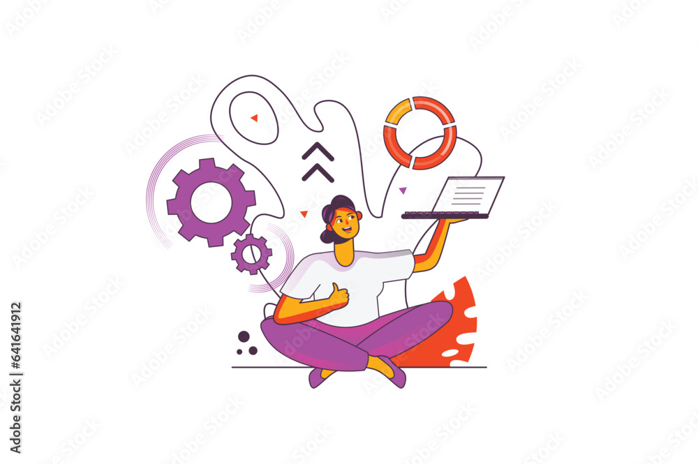 Concept work flow with people scene in the flat cartoon style. The girl is focused on work and performs the tasks given to her by the manager. Vector illustration. Concept work flow with people scene in the flat cartoon style. The girl is focused on work and performs the tasks given to her by the manager. Vector illustration.