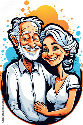 A very cute drawing of a senior married couple hugging and smiling.
