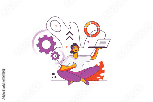 Concept work flow with people scene in the flat cartoon style. The girl is focused on work and performs the tasks given to her by the manager. Vector illustration.