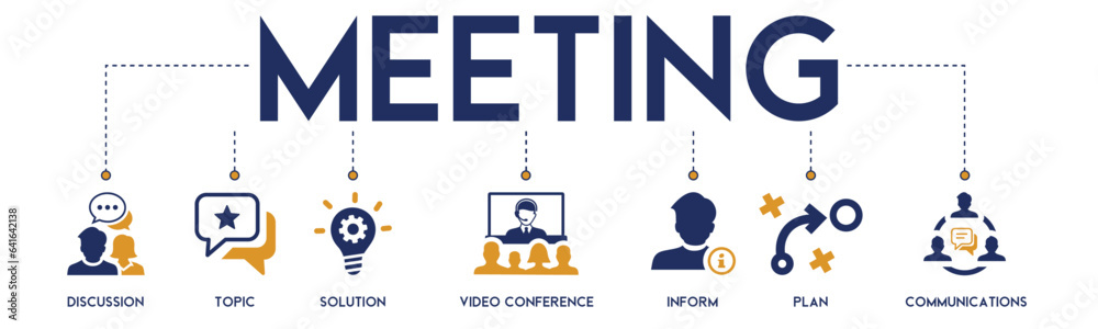 Meeting banner website icons vector illustration concept of business meeting and discussion with an icons of discussion, topics, solution, video conference, inform, plan on white background Meeting banner website icons vector illustration concept of business meeting and discussion with an icons of discussion, topics, solution, video conference, inform, plan on white background