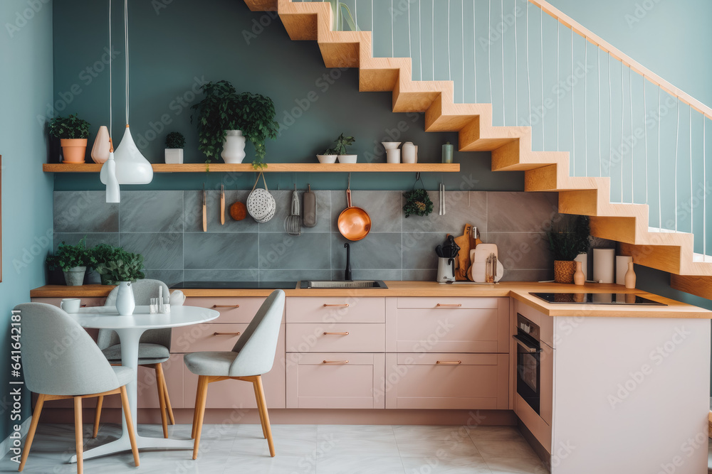 Small cozy kitchen with modern scandinavian looking design, beautiful interior - obrazy, fototapety, plakaty 