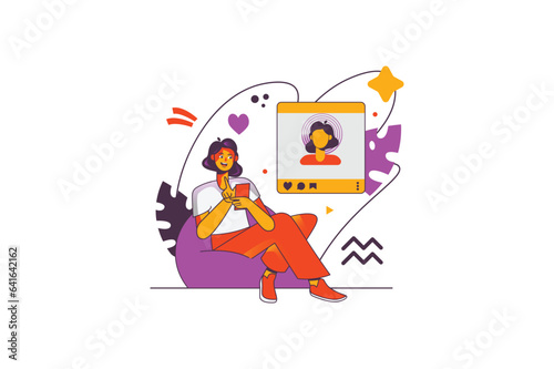 Concept social media life with people scene in the flat cartoon style. A teenage girl scrolls through social networks and likes photos of her friends. Vector illustration.