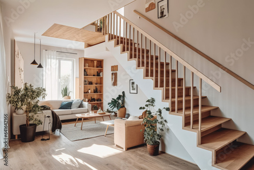 Small cozy living room with staircase, scandinavian interior design, beautiful living space © VisualProduction
