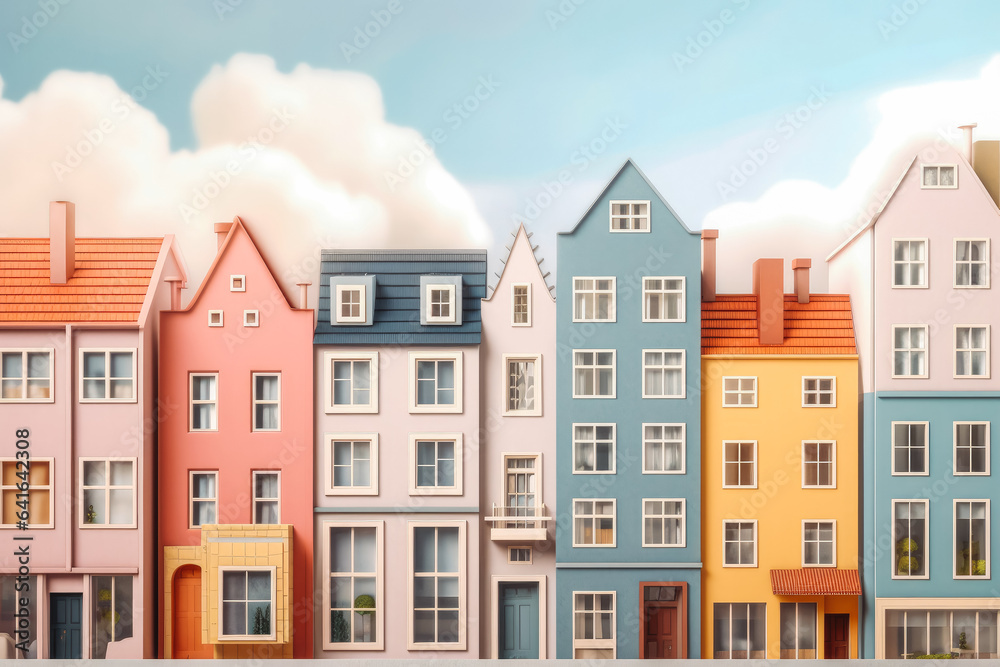 Shot of colorful tall houses in line with on space between them, canal houses in daylight.