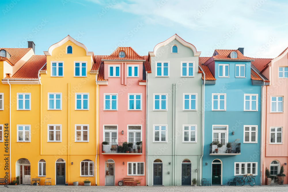 Shot of colorful tall houses in line with on space between them, canal houses in daylight.