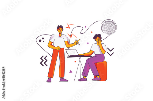 Bulling concept with people scene in the flat cartoon design. An aggressive boss humiliates his employees and demands to work overtime, which is unacceptable. Vector illustration.