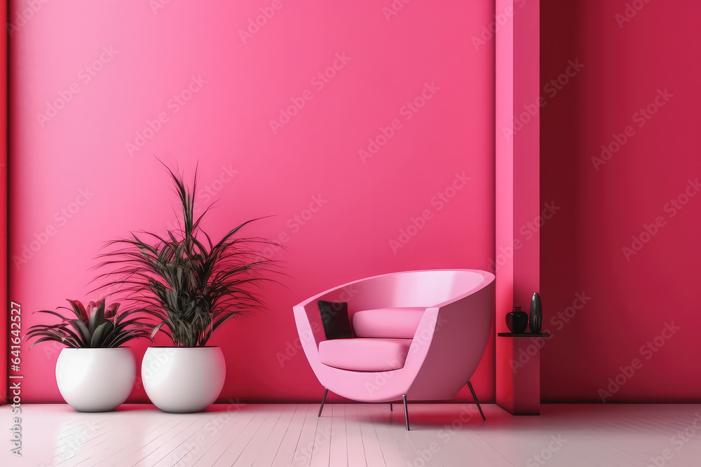 Shot of the room in viva magenta trend color of year 2023, trendy interior design in viva magenta color Shot of the room in viva magenta trend color of year 2023, trendy interior design in viva magenta color