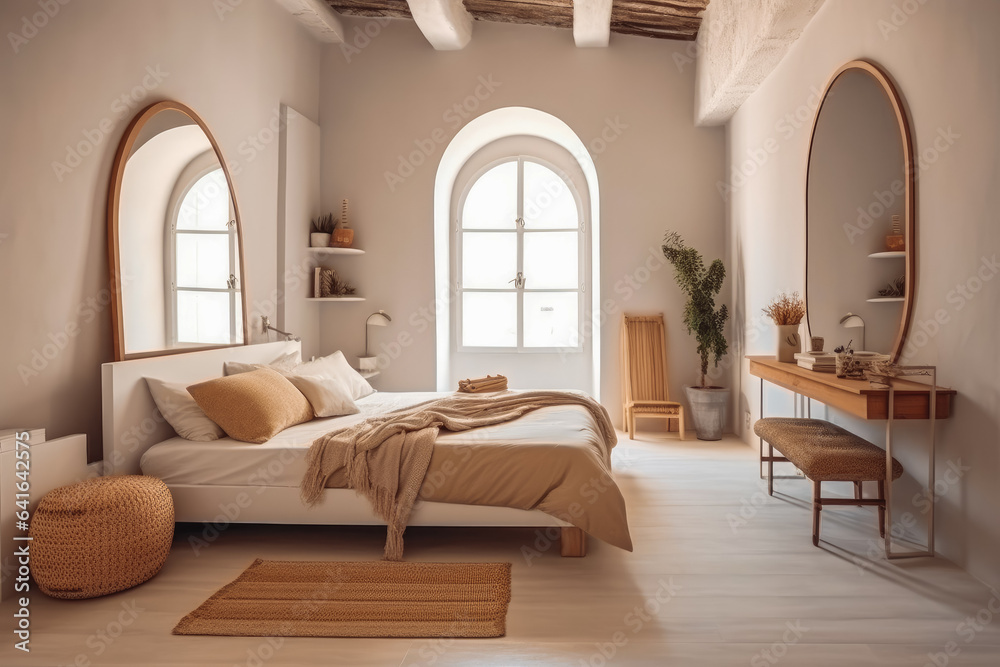 Modern interior design bedroom with big bed in the center, luxury modern bedroom in neutral tones