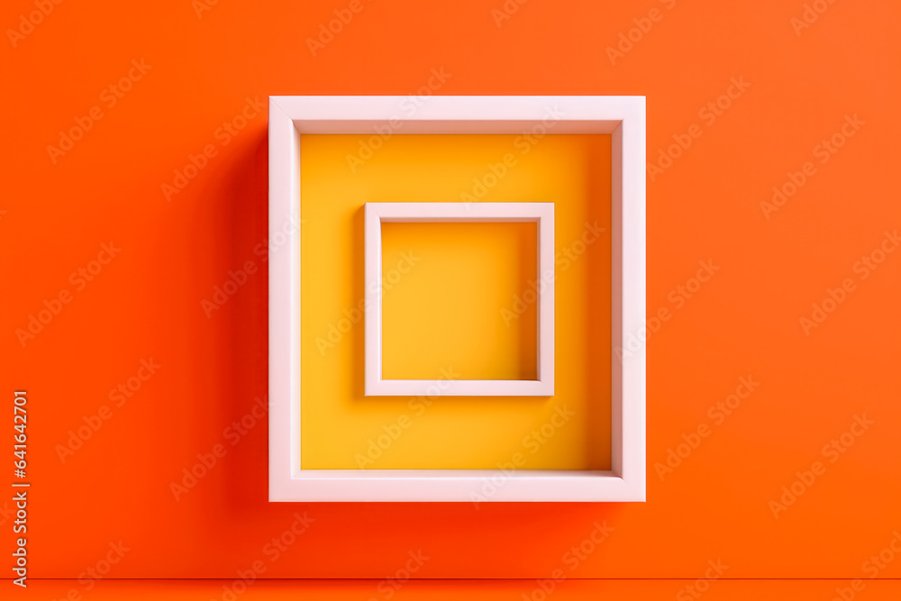 Single square picture frame on a light red color wall background, modern design Single square picture frame on a light red color wall background, modern design
