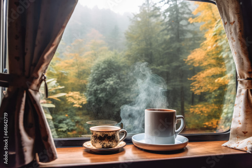 Steaming cup of coffee on a window sill of a camp van with beautiful view of nature outside