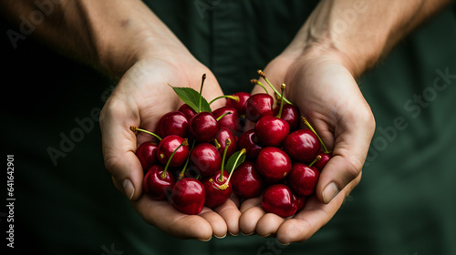 Close-up partial view of a farmer holding organic cherry fruit. Generative AI. 