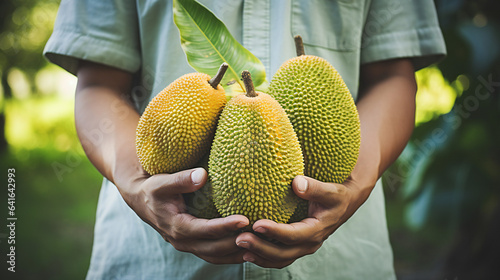 Close-up partial view of a farmer holding organic jackfruit fruit. Generative AI. 