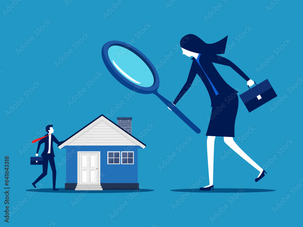 Inspect the house. Businesswoman boss uses a magnifying glass to inspect the house. vector