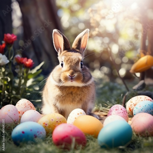 Easter - Cute Bunny In Sunny Garden With Decorated Colorful Eggs -