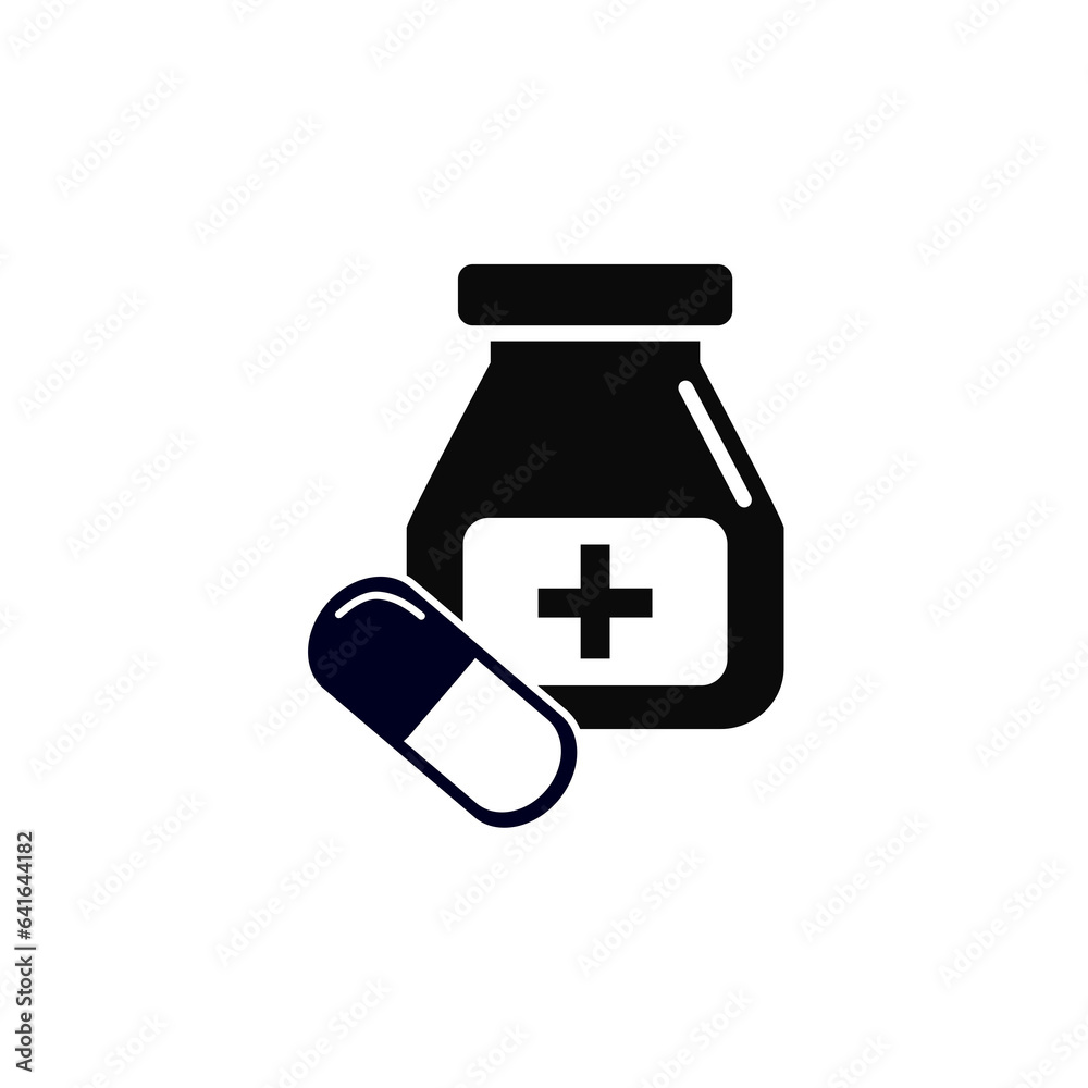 Drugstore. Medicine bottle and pills. Medicament. Black and white icon. illustration Drugstore. Medicine bottle and pills. Medicament. Black and white icon. illustration
