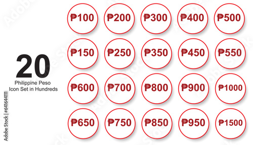 20 Philippine Peso Red Icon Signs in Hundreds and fifties from 100 to 1500 isolated on white background. Vector Illustration. EPS 10. 