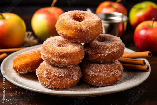 Slika na platnu Glistening with sugary sweetness, apple cider donuts sit stacked on a plate, bec