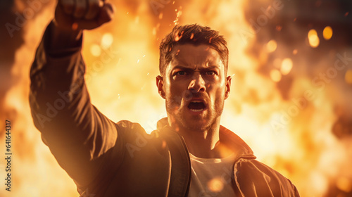Narrative impactful AI-generated photo of a man in front of the burning car in the middle of the riot. The urgency of societal change. Echoes the spirit of protests