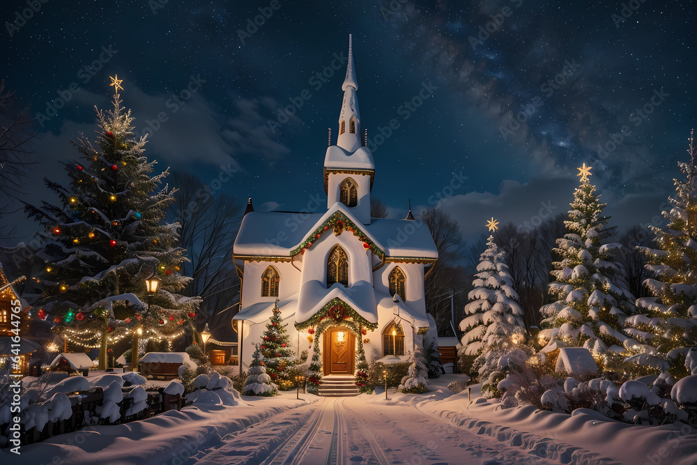 Fototapeta premium Art brut style landscape fantasy winter wonderland. X-mas theme. Image created using artificial intelligence.