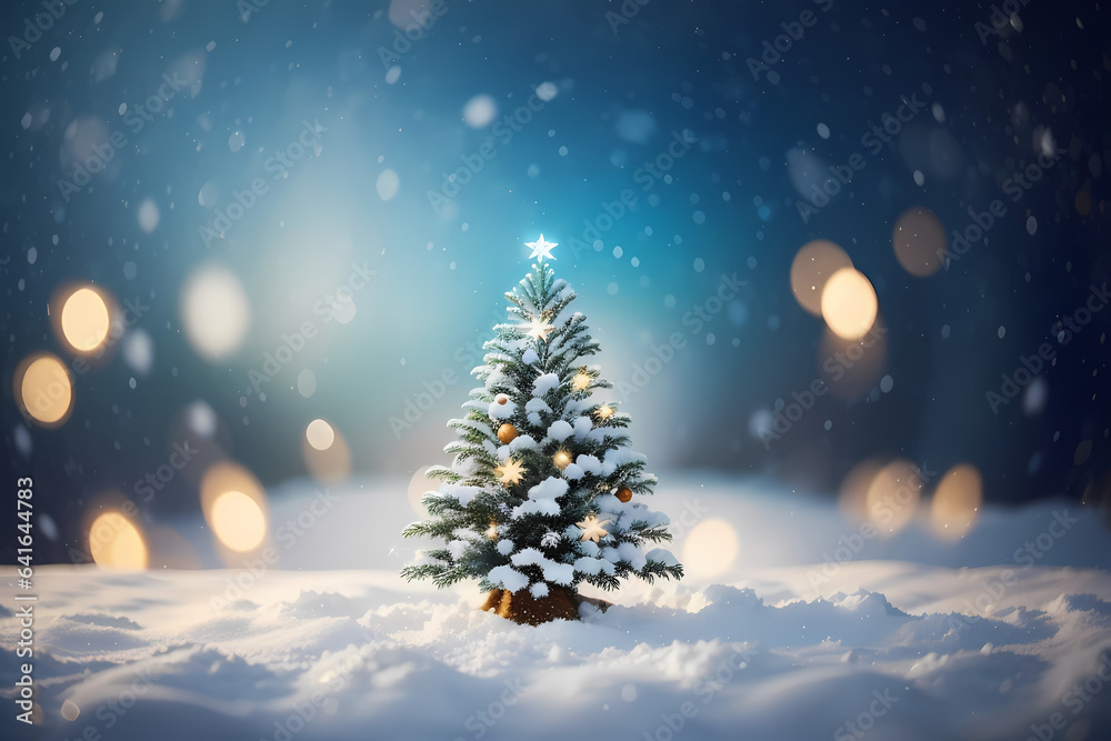 Christmas tree winter background with snow and blurred bokeh. Merry christmas greeting card with copy-space doff texture and center empty space.  Image created using artificial intelligence.