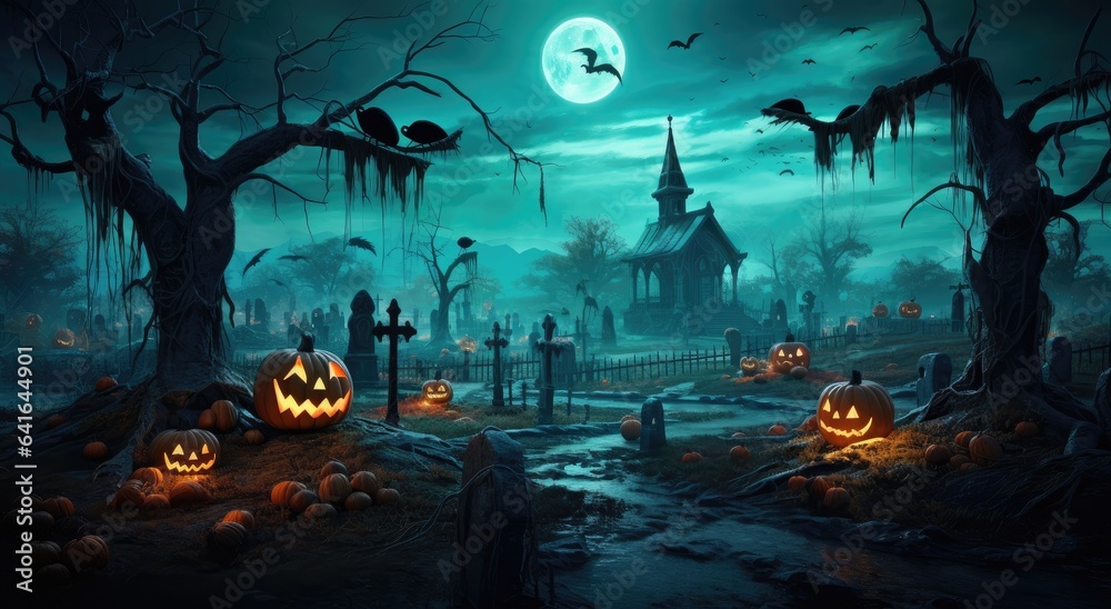Haunted halloween landscape with scary pumpkins.