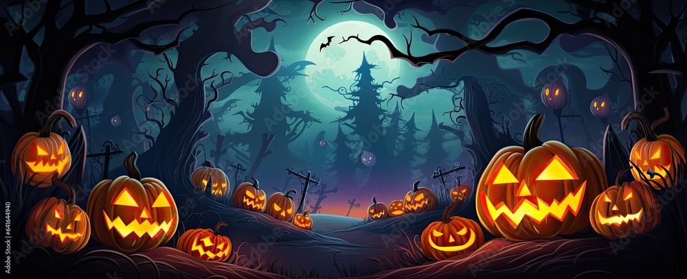 Scary halloween pumpkins in a haunted forest. Halloween background.