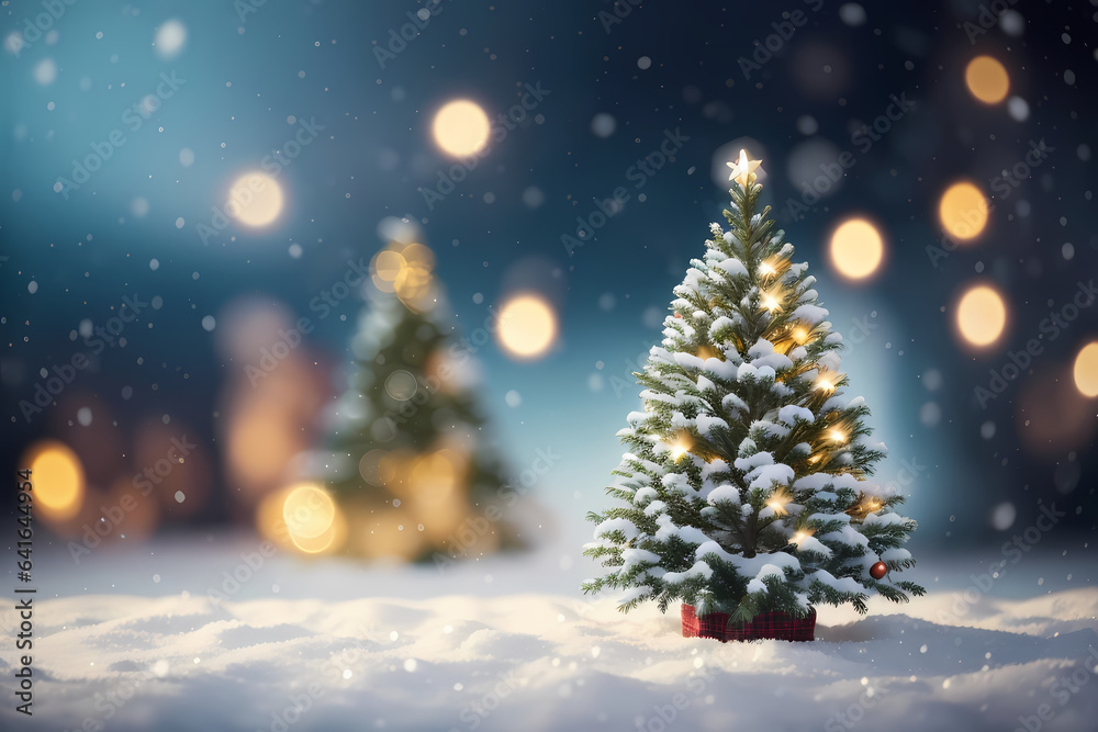 Christmas tree winter background with snow and blurred bokeh. Merry christmas greeting card with copy-space doff texture and center empty space. Image created using artificial intelligence.