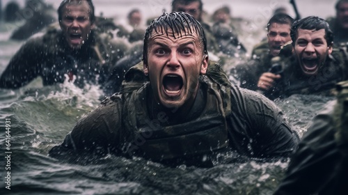 United States soldiers in action during war in the rain.