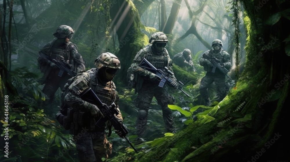 Group of soldiers in the jungle. US Army. War concept. 