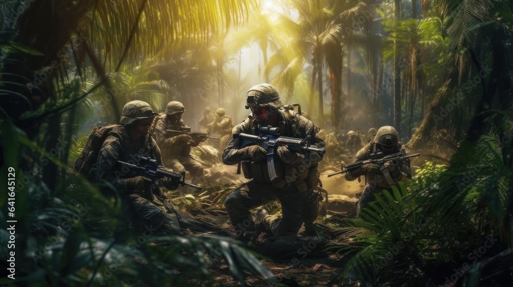 Group of soldiers in the jungle. Special forces soldiers in action.